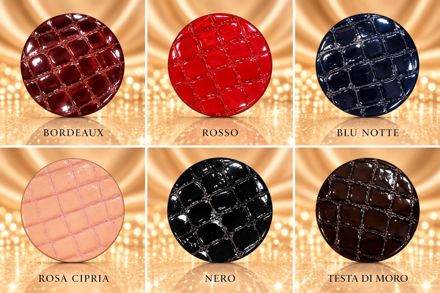 Barbarella Luxe – Sei colori disponibili per gli inserti in pelle effetto coccodrillo.